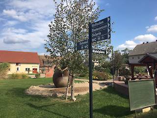 Fahnenwegweiser System S Typ 3 mit Kugelaufsatz Paneele in drei Richtungen -Pulverbeschichtung in RAL 7016